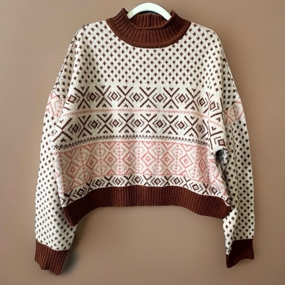 American Eagle Outfitters Sweaters - American Eagle Fair Isle Cropped Sweater XL Nordic Mock Neck Knit
